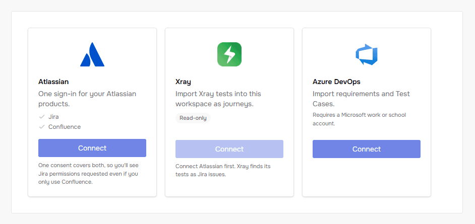 Integration settings offering Atlassian, Xray and Azure DevOps connections